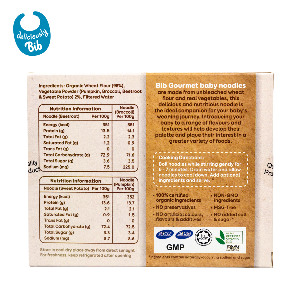 Deliciously Bib Organic Pumpkin, Broccoli, Beetroot & Sweet Potato Baby Noodles